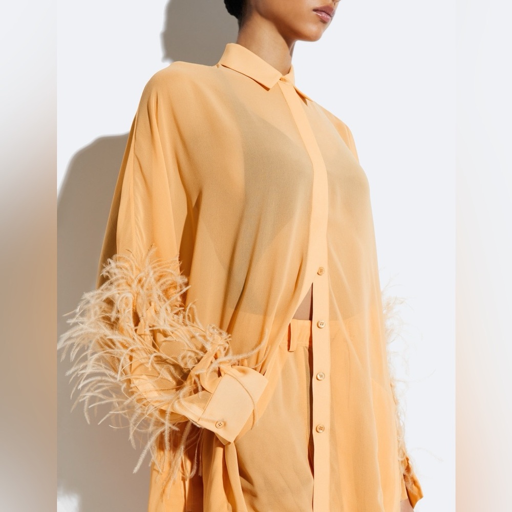 Lapointe Chic Orange Feather-Trimmed Blouse